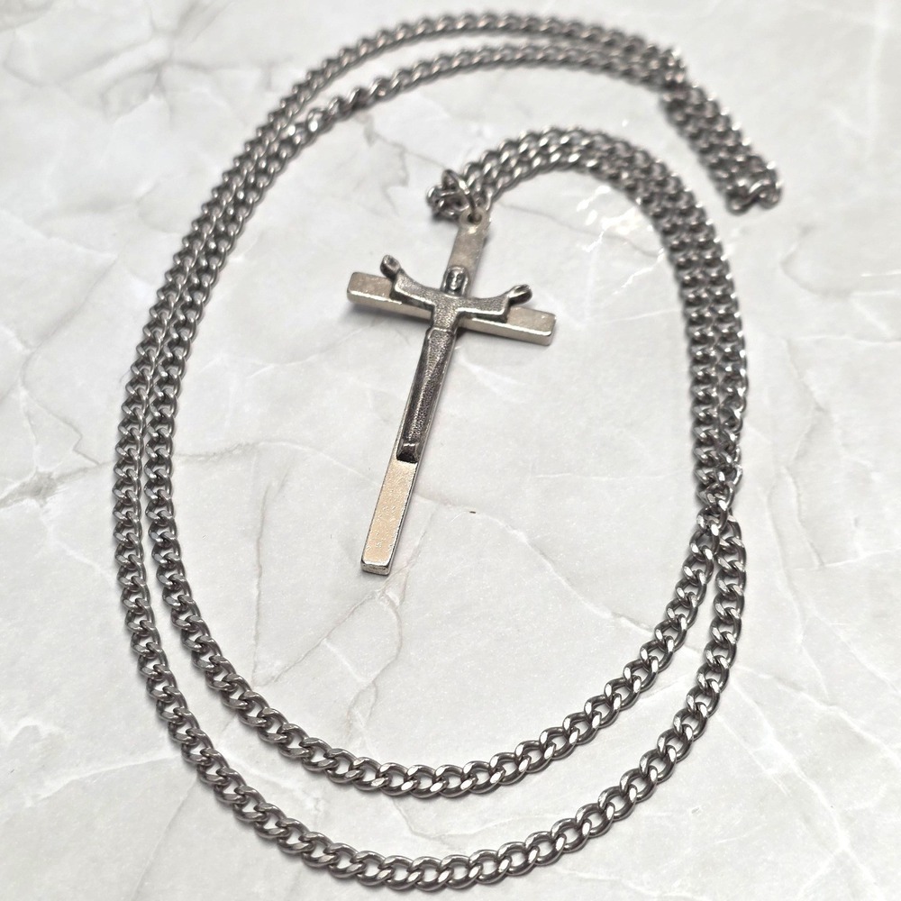 Vtg Italy Crucifix Cross Pendant Necklace Stainless 24" SilverTone Curb Chain